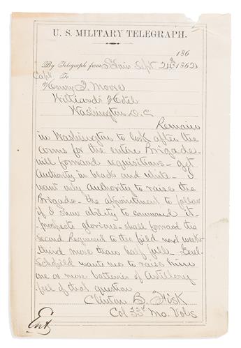 (CIVIL WAR--MISSOURI.) Correspondence of Clinton Fisk on the formation of 33rd Missouri, including a manuscript recruiting circular.             